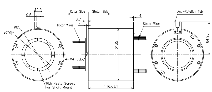 Aluminium Alloy IP51 50rpm 70mm Through Hole Slip Ring