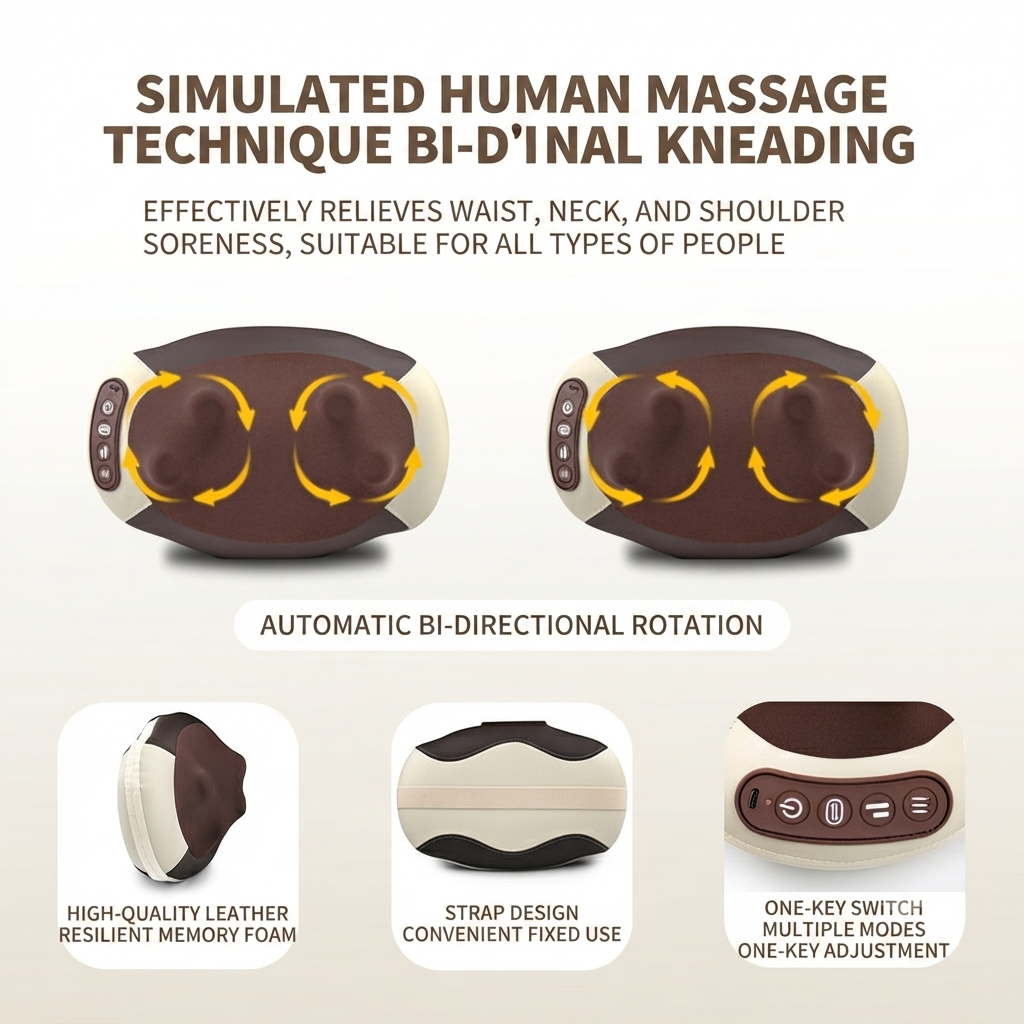 ZN-RA01 Portable Cordless Pillow Massager - Deep Tissue Kneading Shiatsu Massage for Neck, Shoulders, Lower Back, and Legs with Soothing Heat Therapy & USB Type-C Rechargeable Battery