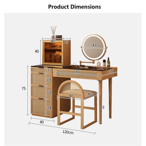 Solid Wood Corner Makeup Vanity Set Dressing Table Rotatable Mirror