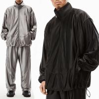 Logo personnalisé Vêtements de rue lourds Vintage Blanc Faux Turtle Necks cuir ensemble Fermeture à glissière Jacket manteau Sweatpants Deux pièces Ensemble Hommes