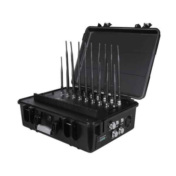 New powerful briefcase 18 Antenna Jammer blocks 2G, 3G, 4G, 5G, GPSL1, GPSL2-L5, GPSL3-L4, WIFI, 315,433,868, Lojack signals with 158W output power and a coverage range up to 120m