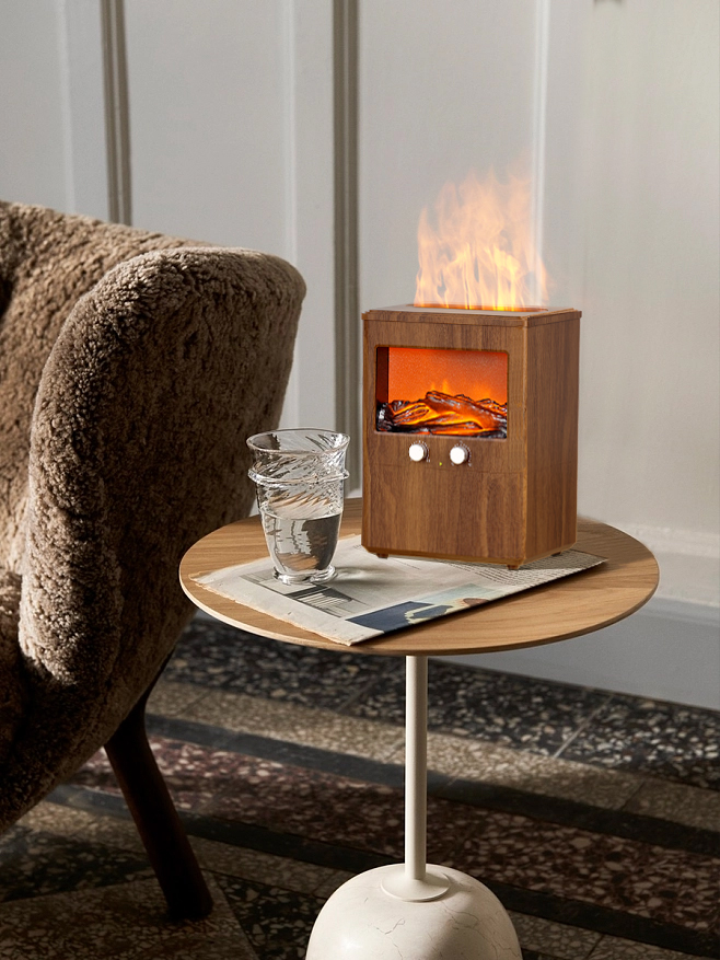 Portable 3L Electric Cool Mist Ultrasonic Humidifier with Wooden Grain Design and Flame Light for Household