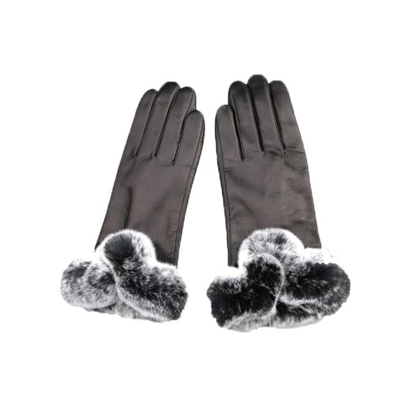 New Collection Fashion Genuine leather Rex Rabbit Fur Cuff Wool Lined Sheepskin Ladies Dress Gloves
