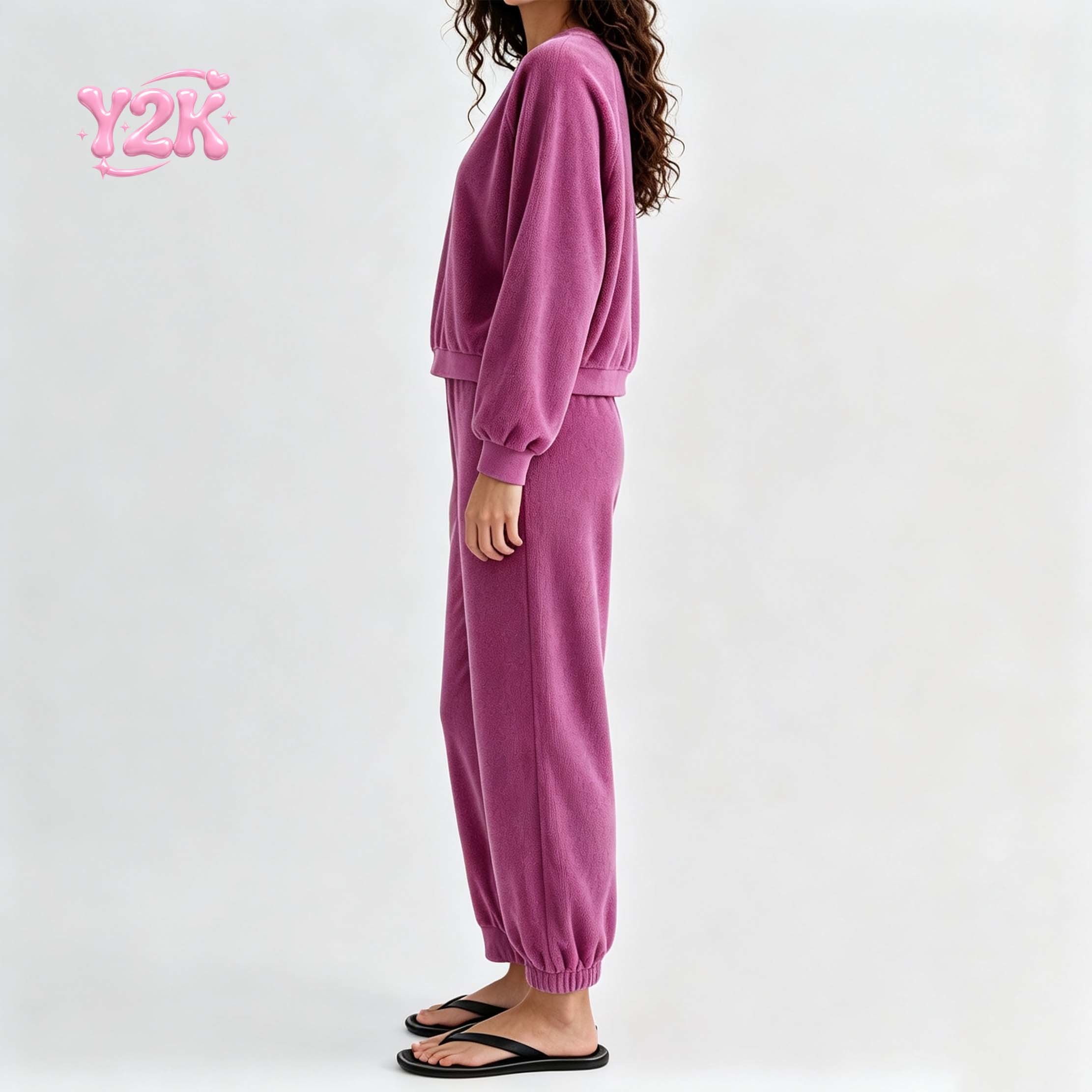Custom Women's Crew Neck Terry Top Wide Leg Pants Lounge Set