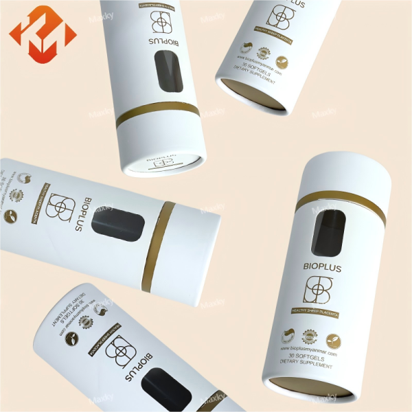 Custom printed biodegradable kraft paper tubes, custom colors available, cylindrical packaging tubes with windows for clothing, scarves, silk handkerchiefs, etc.
