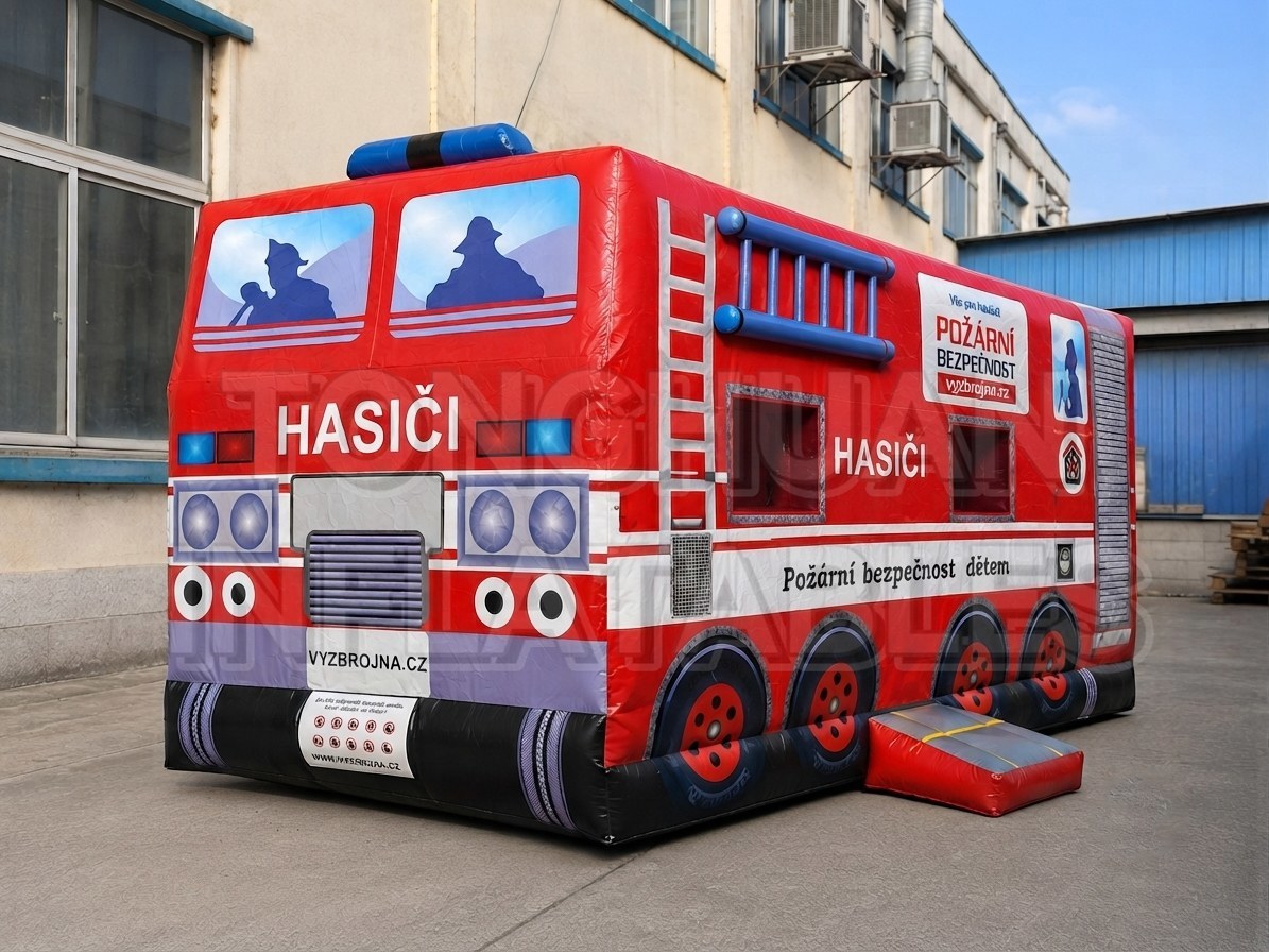 Custom Fire Truck Bounce House with Ladder Graphics and Bounce Area for Schools Festivals Brand Events and Playgrounds