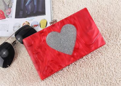 Wedding Hard Case Acrylic Clutch Bags , Ladies Red Clutch Bag With Silver Heart Glitter