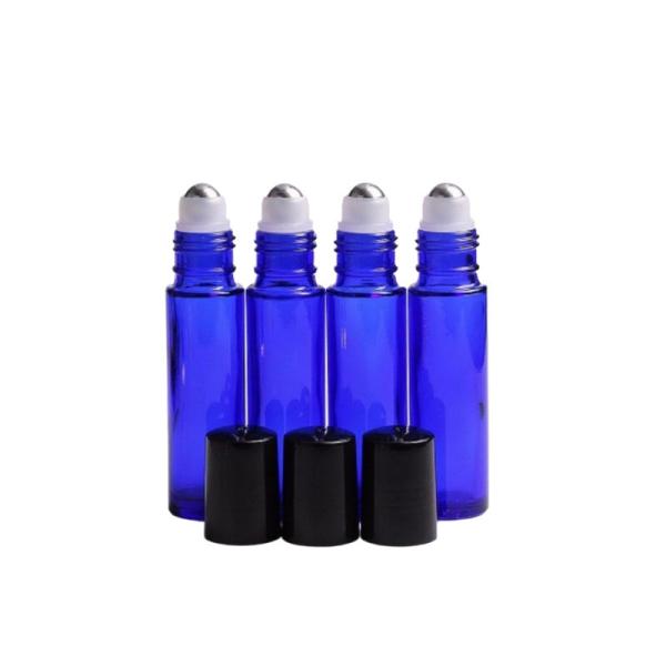 Bouteilles en rouleaux en verre bleu cobalt rond pour les huiles essentielles avec capuchon blanc/noir