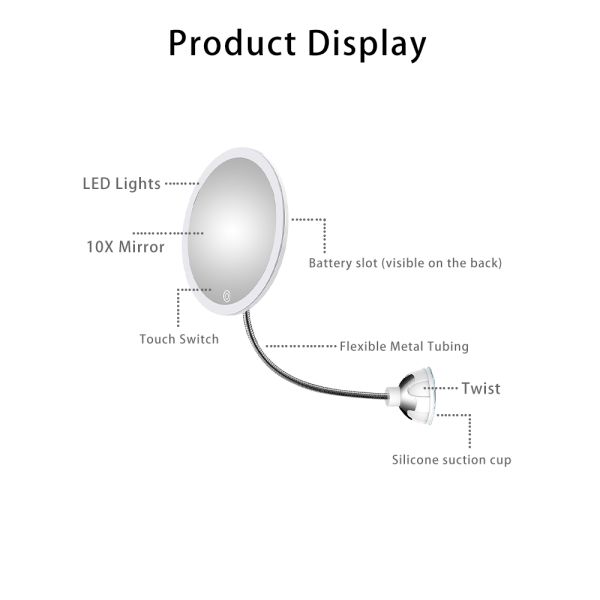 LED Lighted Bathroom Makeup Mirror 10X Magnifying - Goose Neck Wall Mounted with Suction Cup