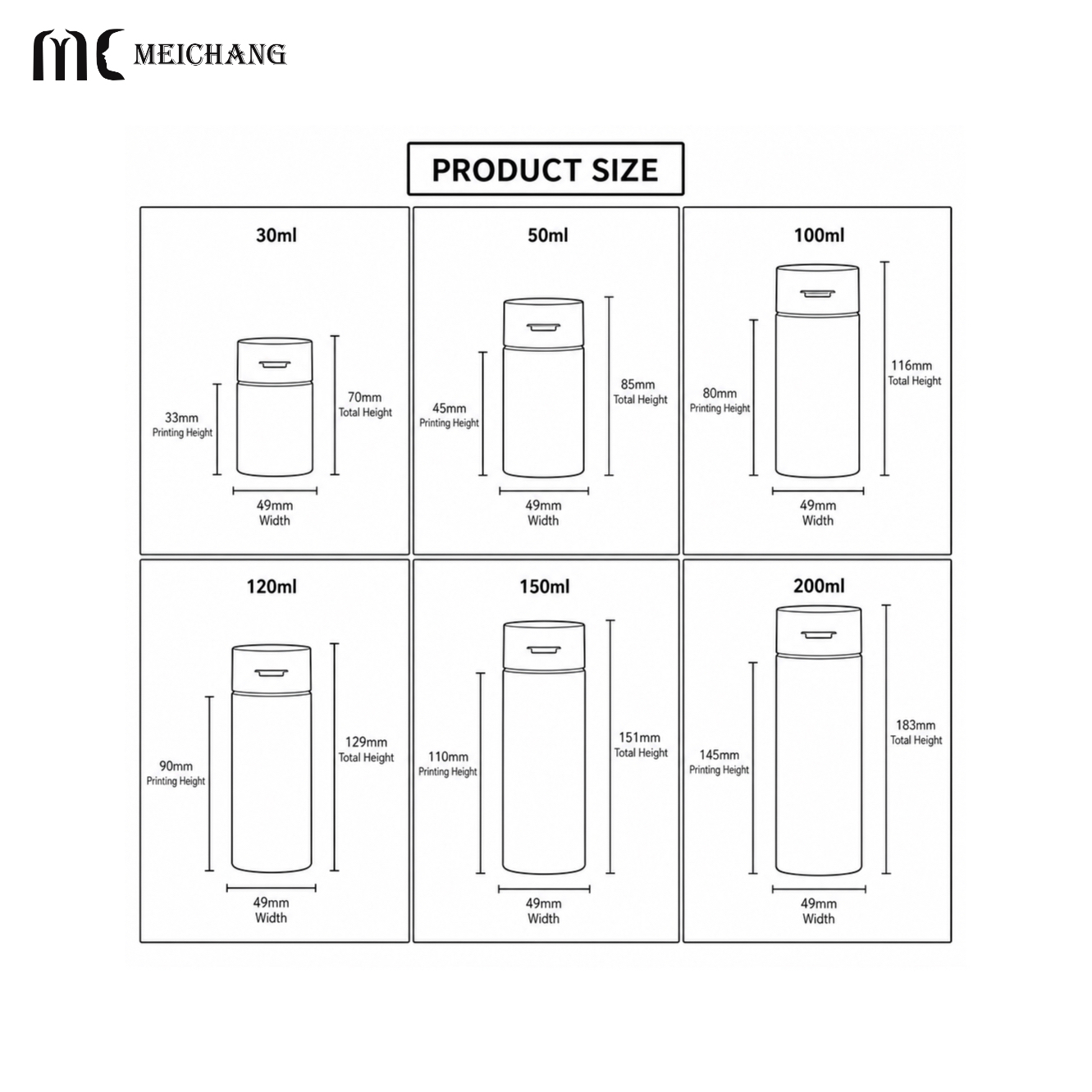 30ml 50ml 100ml 120ml 150m 200ml Multi-Size PP Powder Dispenser Airless Bottle with Piston & Flip-Top Cap(MC-298)