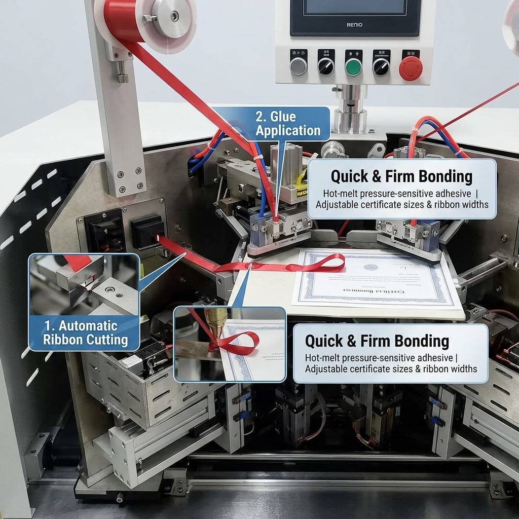Dual Workstation Ribbon Fixing Machine Using Hot-Melt PSA For Firm Certificate Bonding