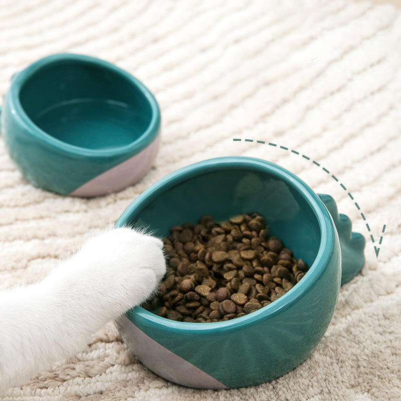 Green 13*7cm 10*5cm Round Pet Ceramic Bowl Dinosaur Shape Anti Vomiting Ceramic Dog Bowls