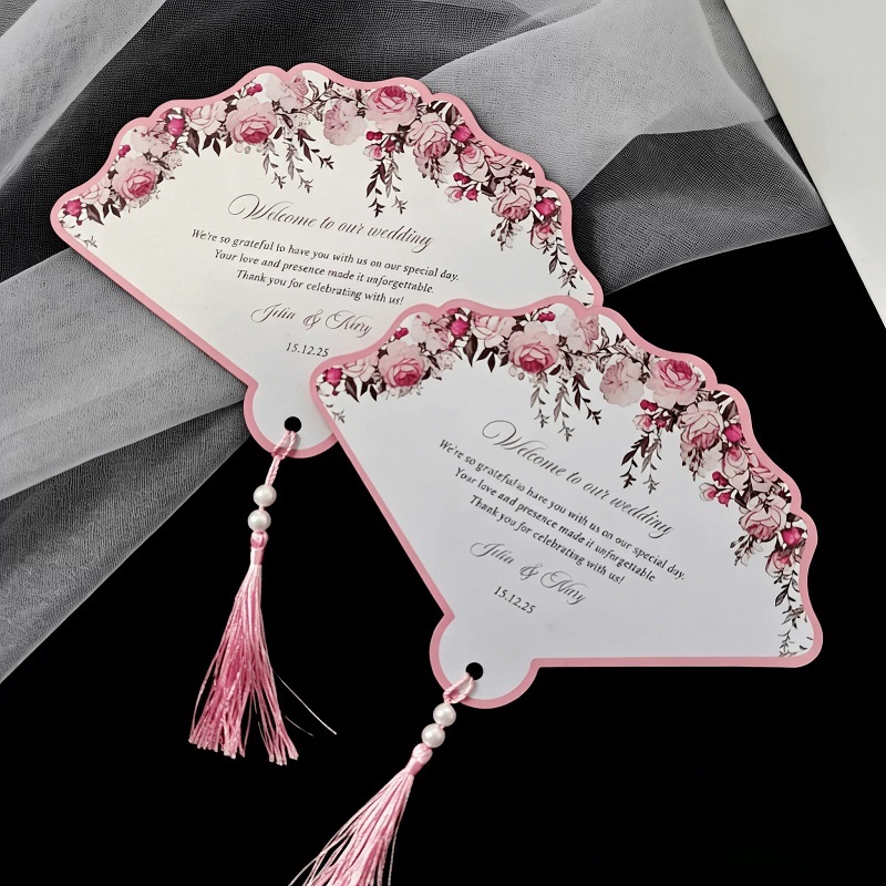 Wedding Invitation Cards Handheld Scalloped Fan Shaped With Silk Tassels