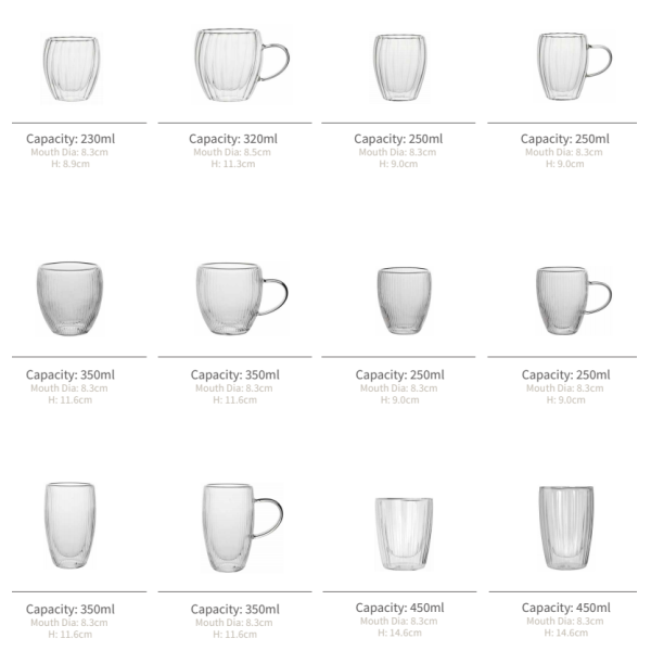 Double Wall Glass Cup with 250ml 350ml 450ml Capacity High Borosilicate Glass for Hot and Cold Beverages