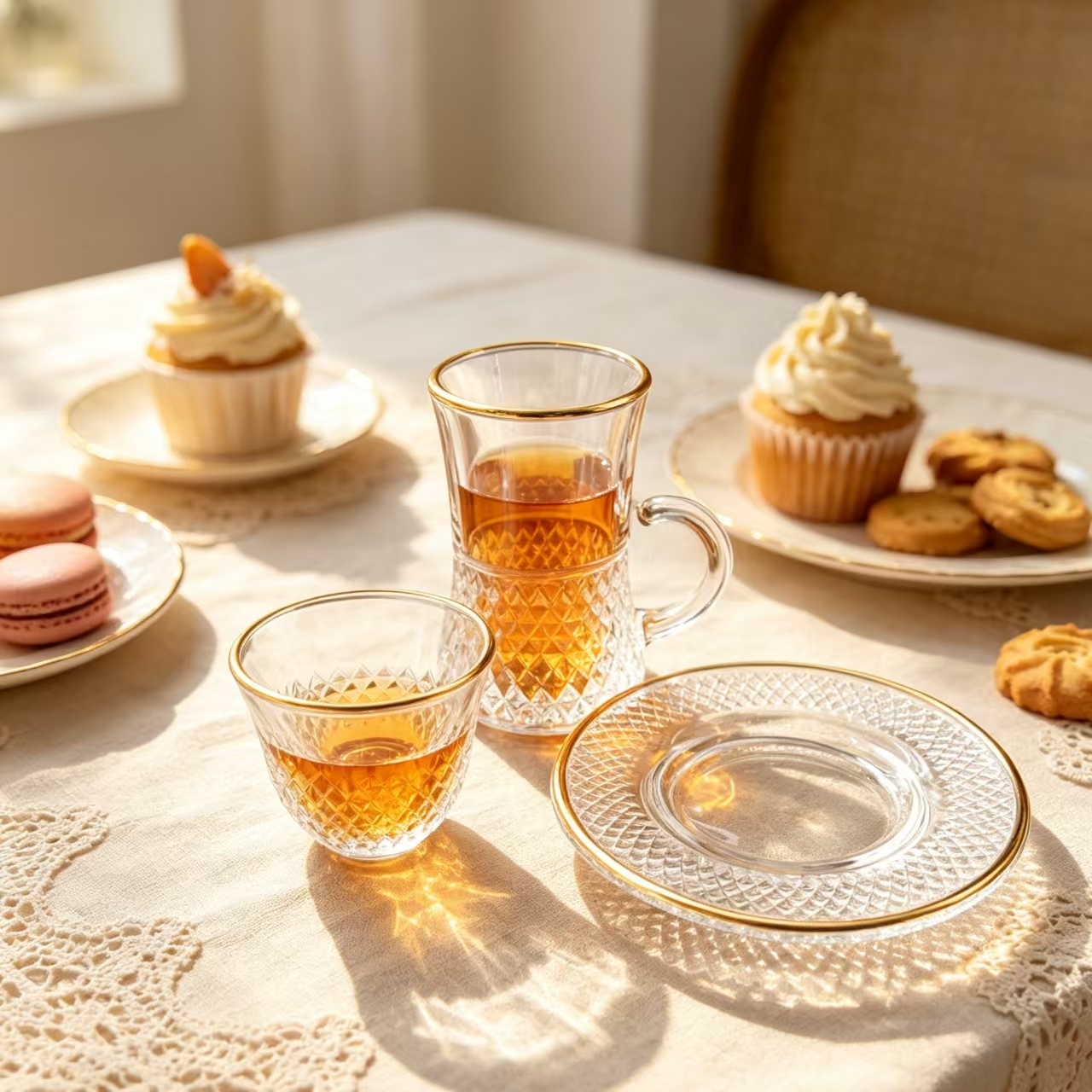 Factory Wholesale Customizable Gold Rim Embossed Glass Tea Cup Set 18PCS Glass Tea Cup Cawa Cup with Saucer Premium Quality Glassware