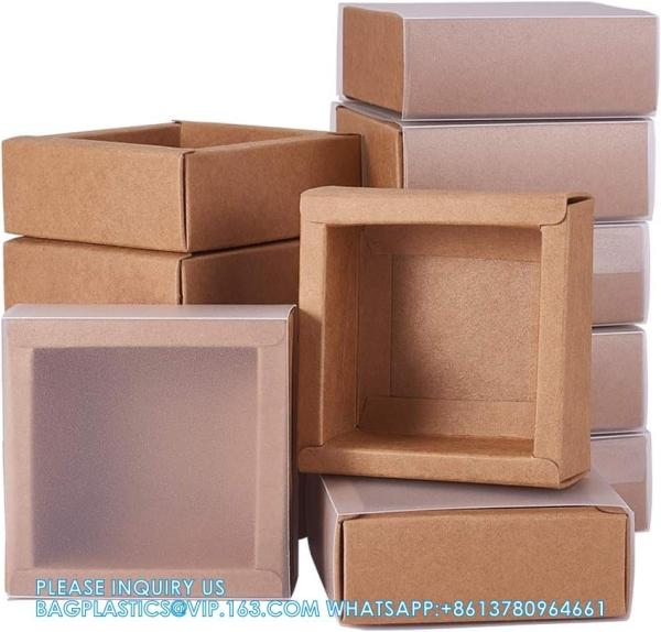 Square Brown Kraft Boxes Heavy Duty Paper Gift Box With Clear Windows 3.3x3.3x1.2 For Party Favor Treats, Bakery