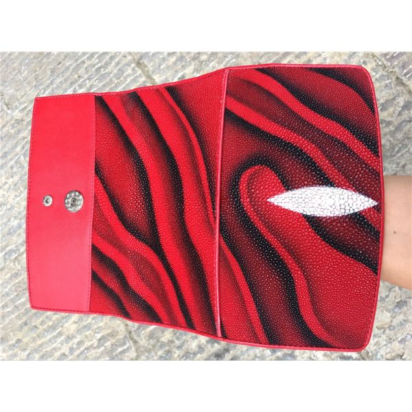 Authentic Stingray Skin Female Long Trifold Wallet Coin Case Genuine Leather Women Large Red Clutch Purse Lady Money Bag