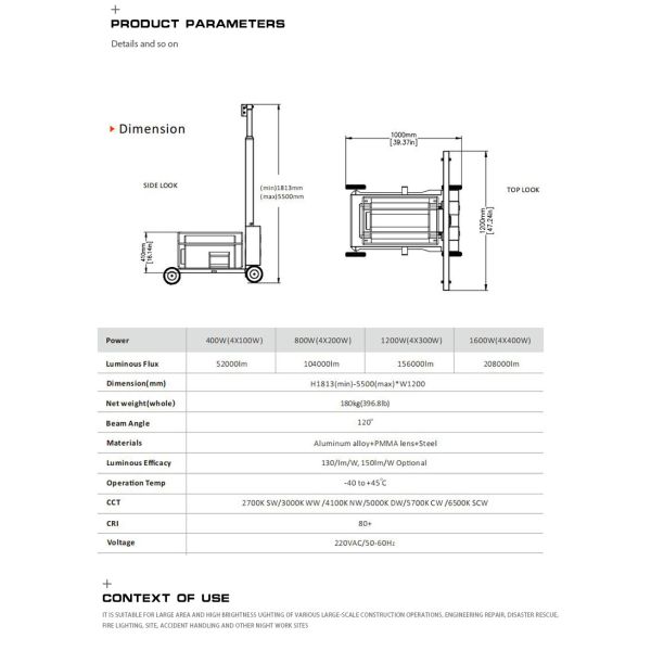 Iluminación móvil de ascensor 360 grados en todas las direcciones de ahorro de energía de ingeniería de iluminación de automóviles exterior lámpara de emergencia diesel