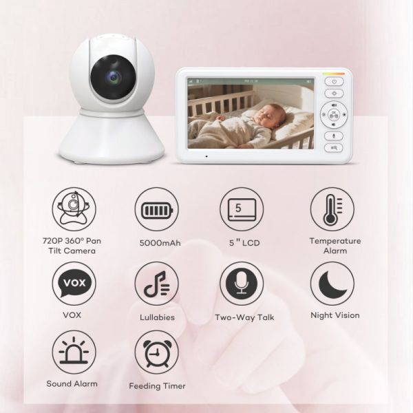 Video Baby Monitor Camera 5.0 Inch Wireless Two-Way Talk Night Vision Digital 5000mAh Battery 360 Degree Baby Monitoring Camera