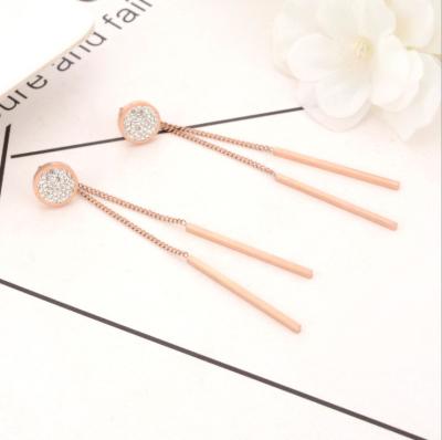 Round full diamond stud Tassel pendant rose gold earrings Stainless steel fashion earrings wholesale