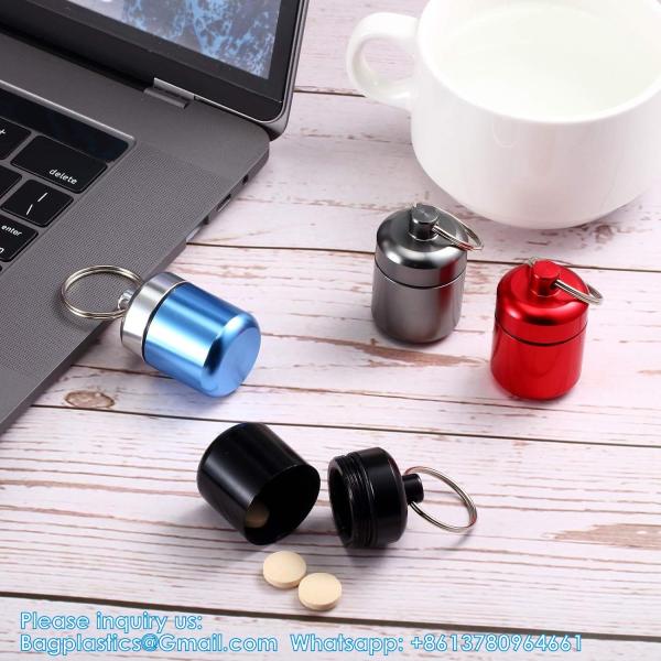 Keychain Pill Holder (5 Pack), Aluminum Waterproof Portable Small Travel Medicine Bottle Case Box Container For Purse