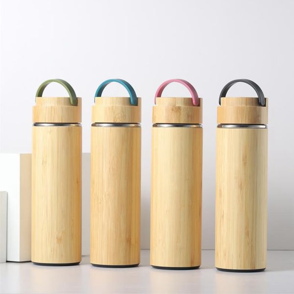 500ml Eco-friendly Bamboo Shell Stainless Steel Tea Bottle with Handle Easy to Carry
