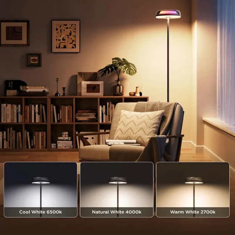 Modern RGBIC LED Floor Lamp Projector Touch Control Multicolored Round Shade Warm White Ambient Lighting for Living Room
