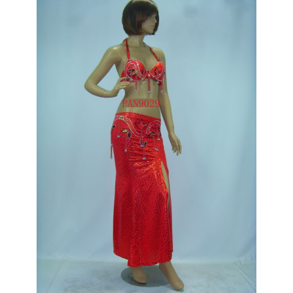 Contemporary Red Halter Neck Metallic Bras & Skirt Belly Dancing Clothes for