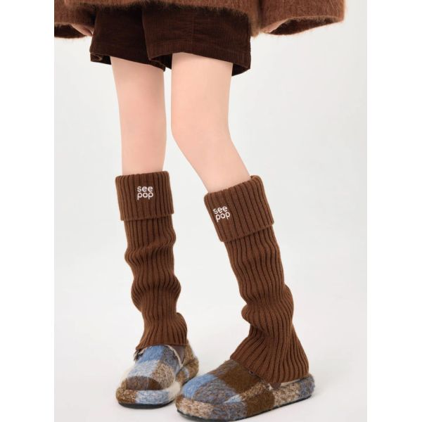 Chauffe-jambes à côtes brodées à haute étirement pour femmes