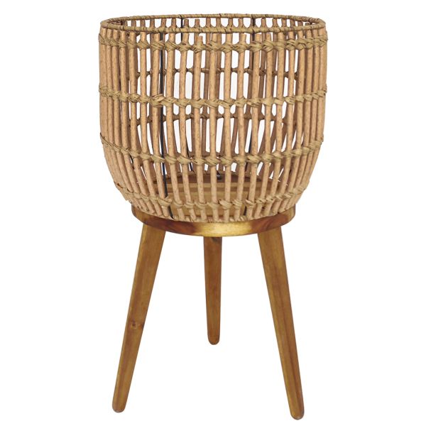 Factory Direct Sale Metal Frame Wooden Legs  PE Rattan Artificial Weaving Popular Flower Stand with Wooden Base