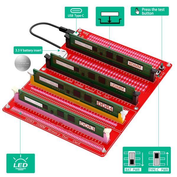 3 en 1 Combo DDR3/4/5 RDIMM/UDIMM Testeur de mémoire Ordinateur de bureau Carte de test de mémoire DDR3/4/5 Avec indicateurs LED