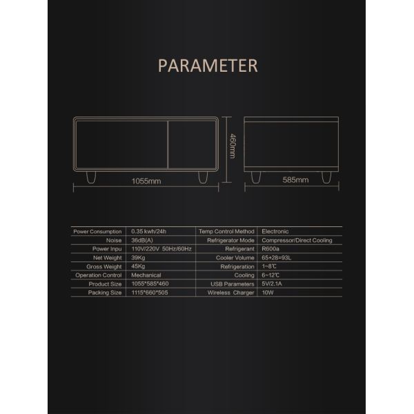 2024 Mesa de café inteligente Mini Refrigerador de carga inalámbrica de doble puerta para muebles de sala de estar