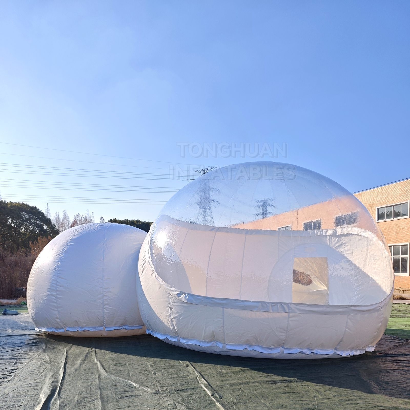 Commercial Double Bubble Inflatable Dome House with Clear PVC Windows Connecting Tunnel and Entry Door for Events and Outdoor Dining