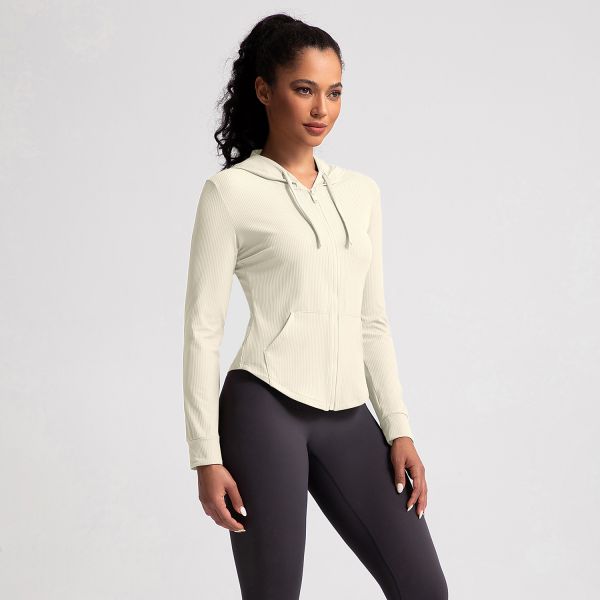 Ribbed Knit Full Zip Women Yoga Jacket Hooded Stretchable with Kangaroo Pocket