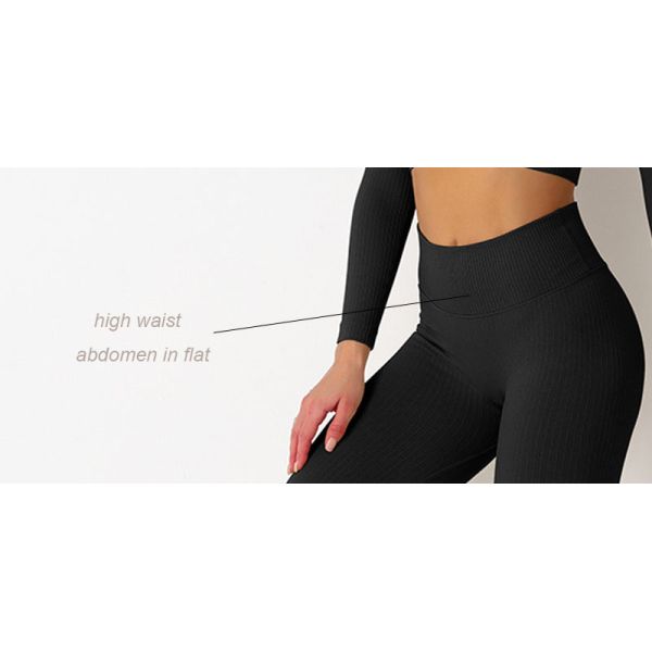 Фиолетовый бесшовный комплект одежды для йоги с высокой талией и ребристым длинным рукавом