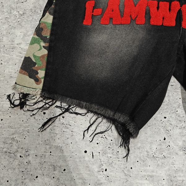 Custom Towel Embroidery Patches Logo Camo Baggy Jorts Streetwear High Quality Raw Hem Vintage Denim Jean Shorts for Men
