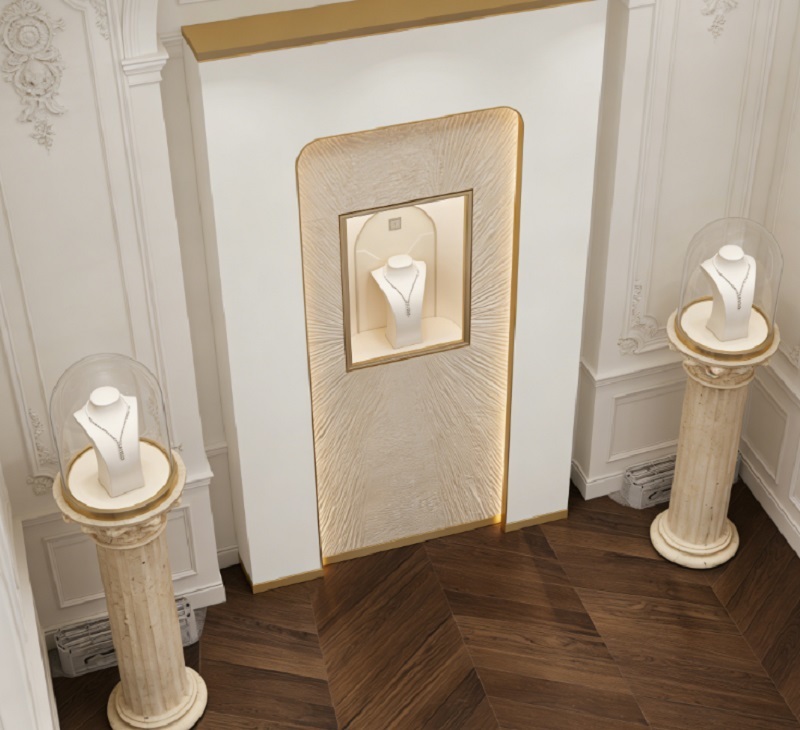 Luxury Roman Column Jewelry Display Stand LED Lighting Custom Marble Necklace Showcase Glass Dome Durable High-End Jewelry