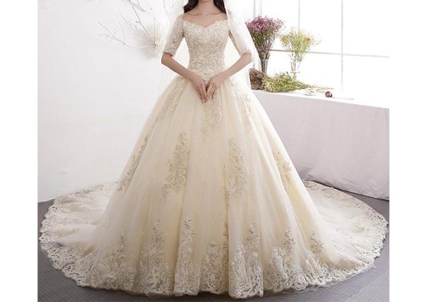 Lace Long Tail Bridal Dresses Off Shoulder Half Sleeve Back Bandage With  Logo Custom