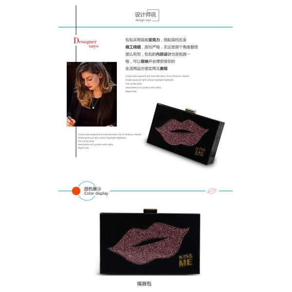 Ladies Women Evening Acrylic Clutch Bag Handmade Kiss Me Patten Shaped