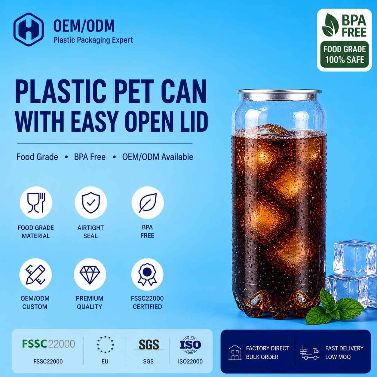 Custom Easy Open Lid Clear PET Can For Protein Drink Packaging Beverage Bottle Factory