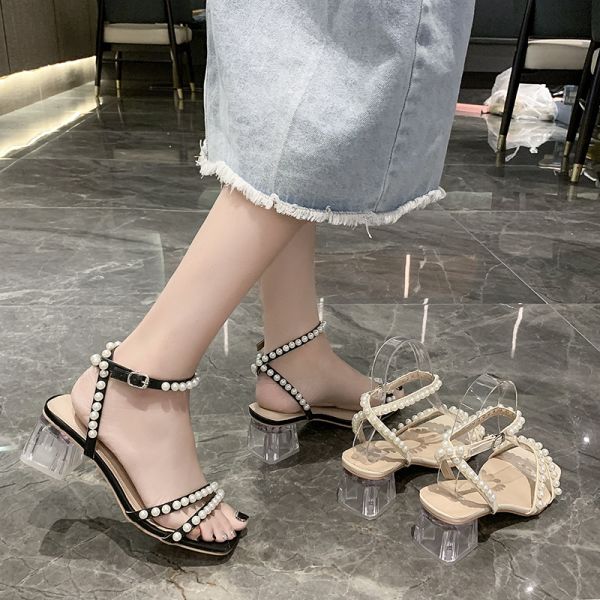 Transparent High Square Heel Thick Soled New Lady Sandals Pearl Beautiful