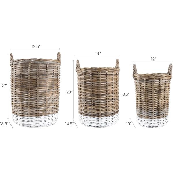 Hand-Woven Rattan Nesting Wicker Storage Baskets W/ Wheels And Handles, Seagrass Container For Decoration In Bedroom, Laundry Room,White Wash/Kubu Gray