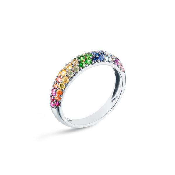 Anillo racimo de plata de ley 925 con baño de oro de 18K y circonitas arcoíris