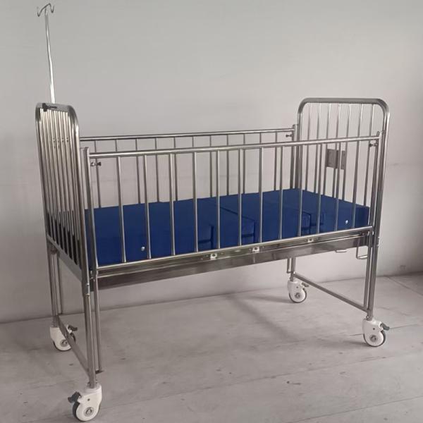 Stainless Steel Medical Pediatric Bed With IV Pole, Full-Length Guard Rail & Shoe Rack Hospital & Clinic Use