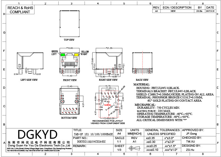 СИД 10P8C rj45 соединителя локальных сетей cat6 гигабита DGKYD211Q104CD2A4DZ одиночное гаван модульное поднимает pcb домкратом для того чтобы поднять домкратом
