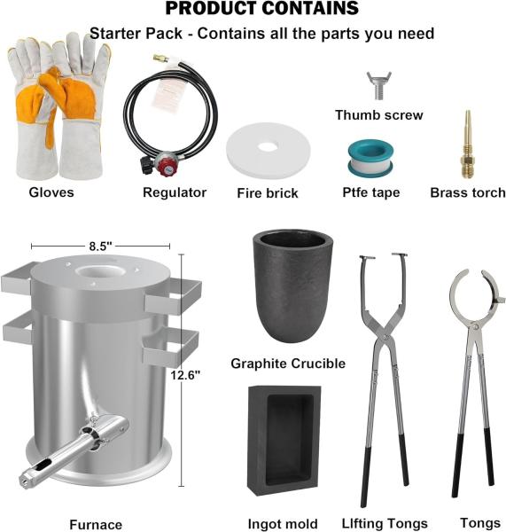 Melting Furnace Kit with Two Crucible Tongs, Crucible, Ingot Mold and Gloves, Home Smelting Furnace for Melting Metal