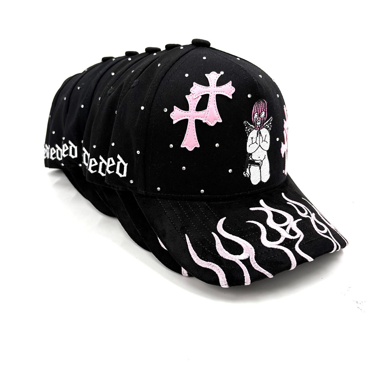 Dragon Ball Hat Gorra Embroider PU Crosses Patch Gamuza Visor Bling Rhinestone Fire Flames On Suede Brim White Shiny