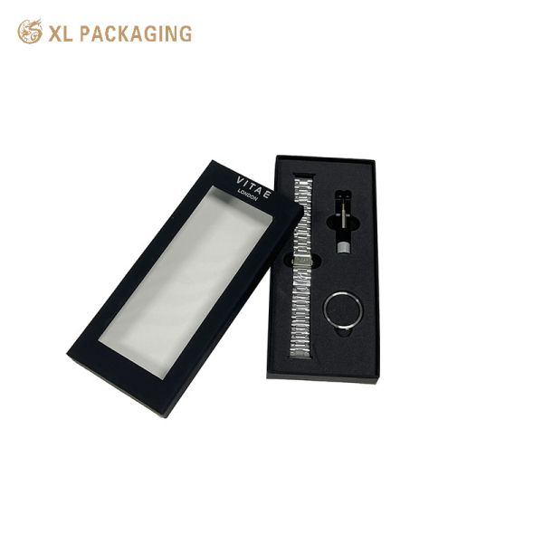 Black Two Pieces Top Base Watch Strap Gift Box with PET Clear Window and Soft Touch Matte Paper and Black EVA Insert for Luxury Watch Packaging