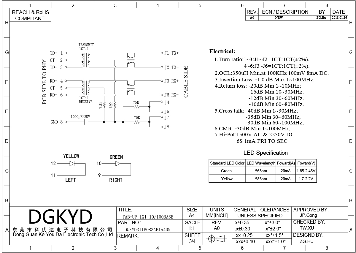 100Mbps Shielded RJ45 Ethernet Connector with Integrated Transformer and LED Indicators