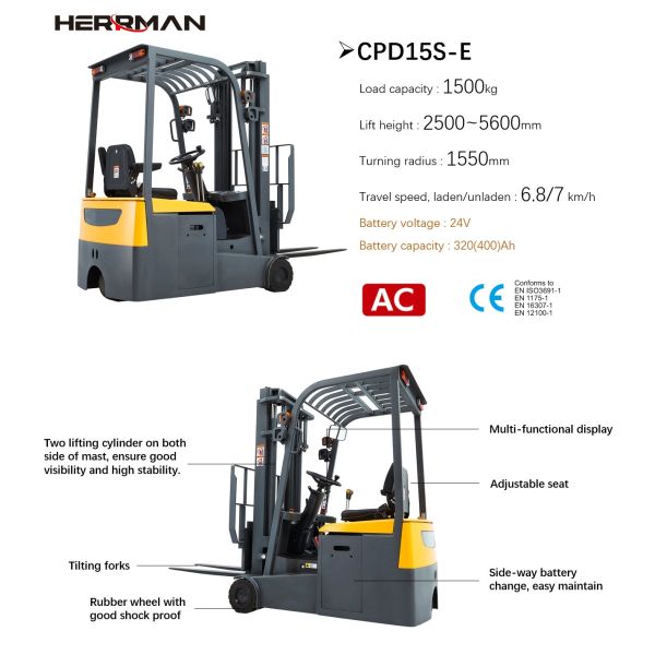 Rear Wheel Driven 1500kg 3 Wheel Electric Counterbalance  Forklift
